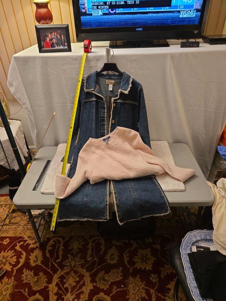 Combo Denim Long Jacket & Pink Sweater