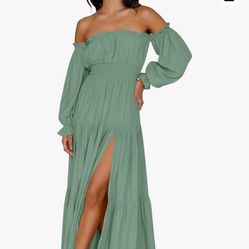 ZESICA Women's 2024 Boho Sexy Off Shoulder Long Sleeve Smocked High Waist Side Split Flowy A Line Tiered Long Maxi Dress