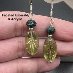 Emerald Genuine Faceted Stone & Acrylic Handmade Earrings