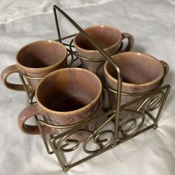 Set Of 4 Pink Stoneware Mugs With Metal Caddy  
