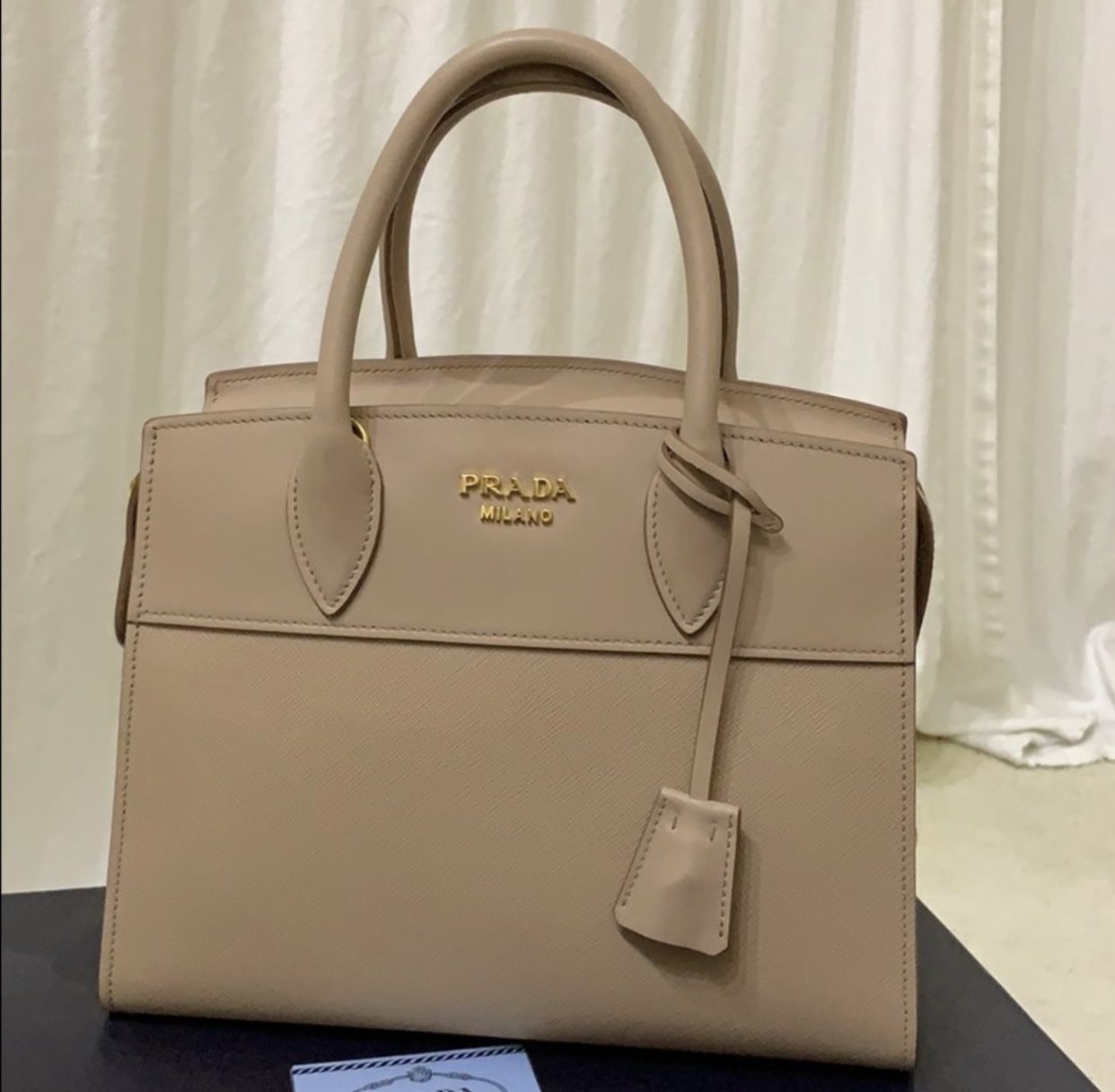 Prada Esplanade Saffiano And City Calf Beige New Small Handbag With Box- Beautiful