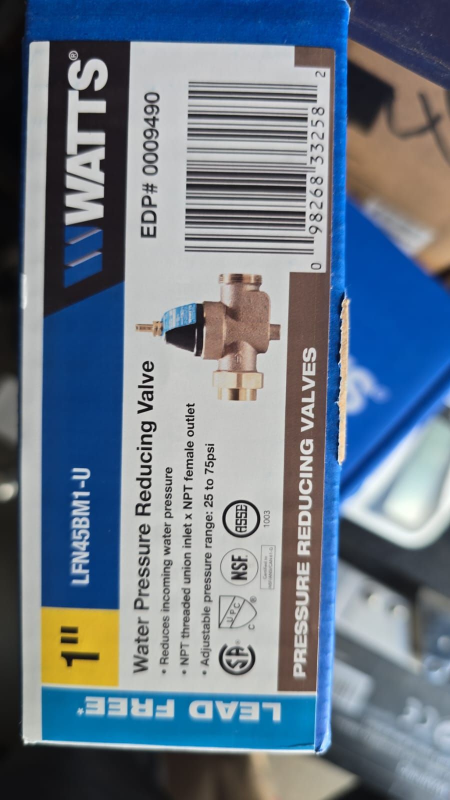 Watts LFN45BM1-U Water Pressure Reducing Valve 1” Brass & NPT Tailpiece Kit
