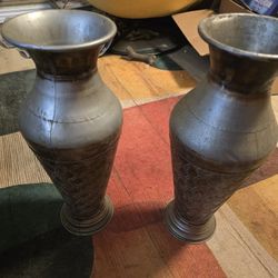 Vintage Tall Embossed Metal Floor Vases - Set of 2 - 19” Rustic Antiqued Decor-Boise