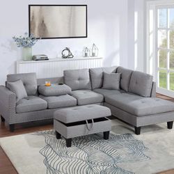 Brand New Light Grey Sectional Sofa w Storage Ottoman 