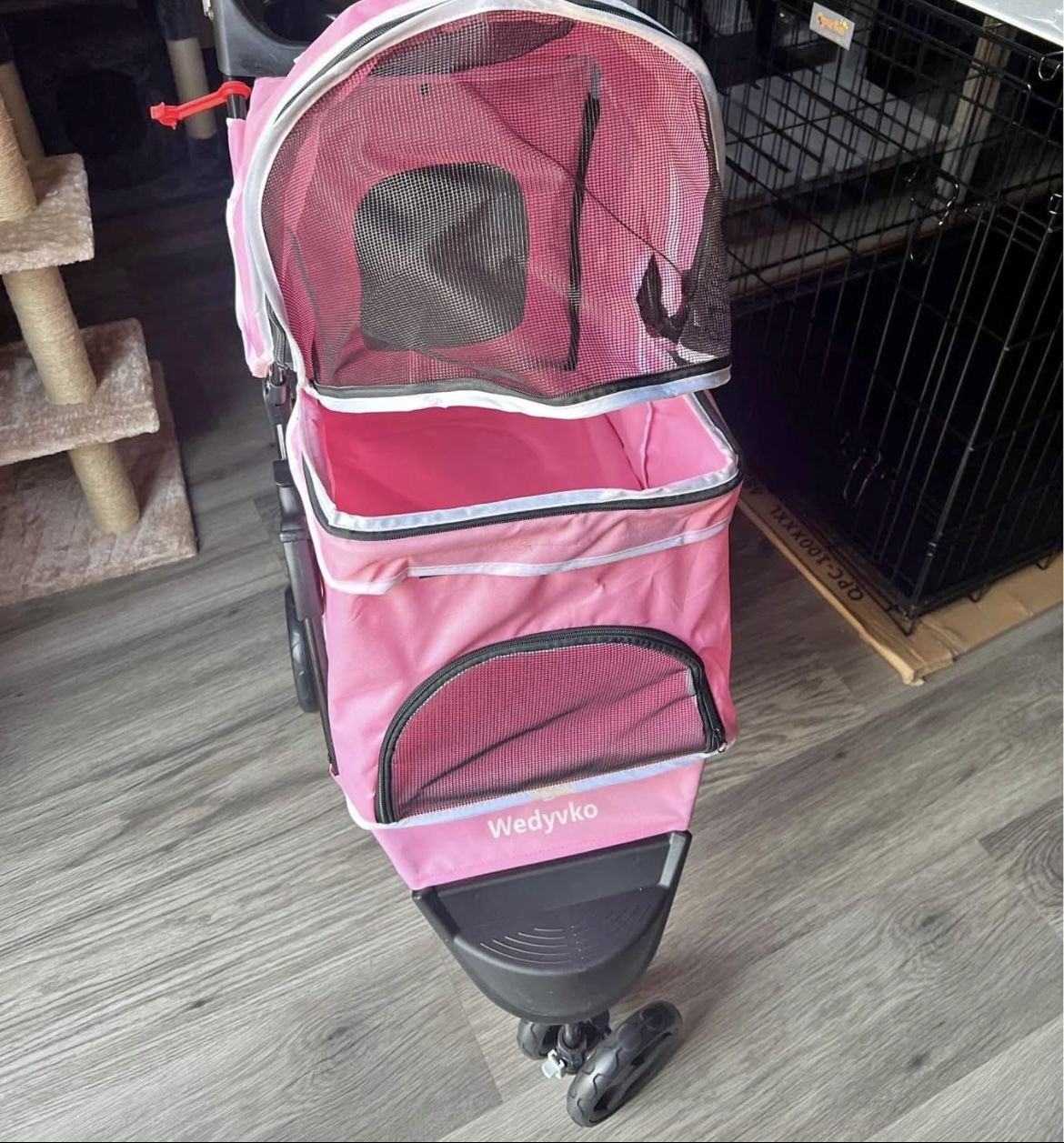 3 Wheels Foldable Pet Strollers with Storage Basket and Cup Holder for Small and Medium Cats, Dogs,