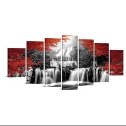 XLarge 7 Pieces Black and Red Waterfall Canvas Wall Art Nature Forest Picture