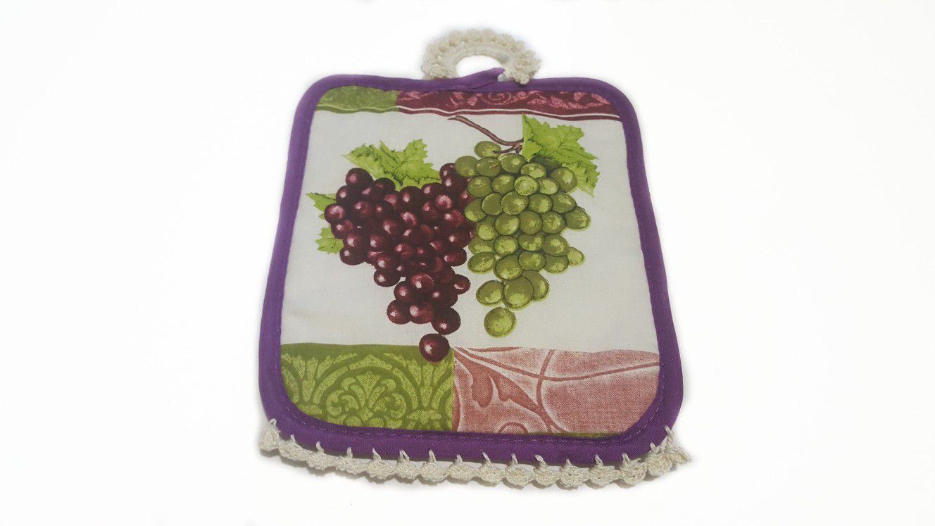 Oven Hanging Square Pot Holder Fancy Crocheted Delicate RuffleTrimming-Grape FruitTheme Kitchen