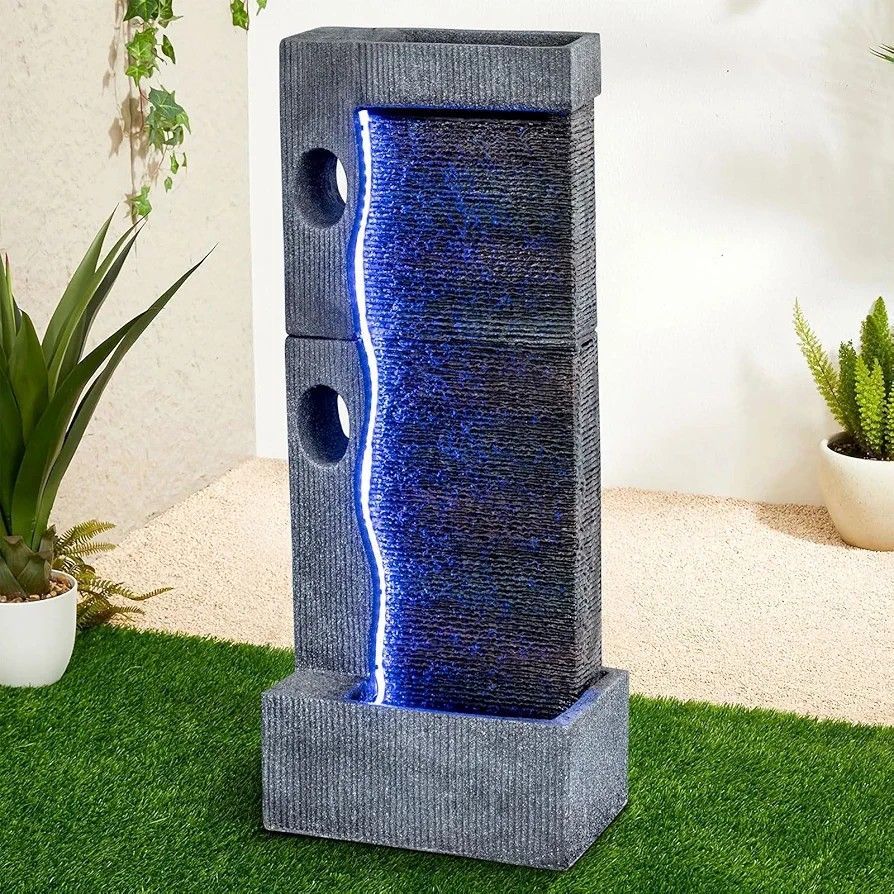 39.5" Modern Garden Waterfall Outdoor Floor Standing Fountain with Led Lights, Large Zen Waterfalls Fountain Soothing Tranquility for Garden, Living R
