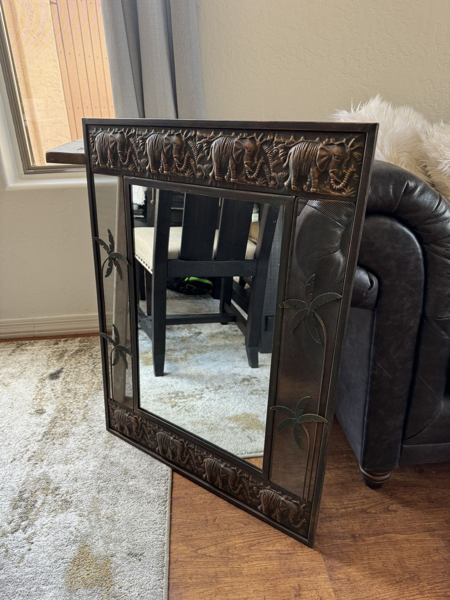 Mirror With Wrought Iron Frame / 25-1/2” Wide By 33” Tall / Accent Mirror Palm Trees And Elephants