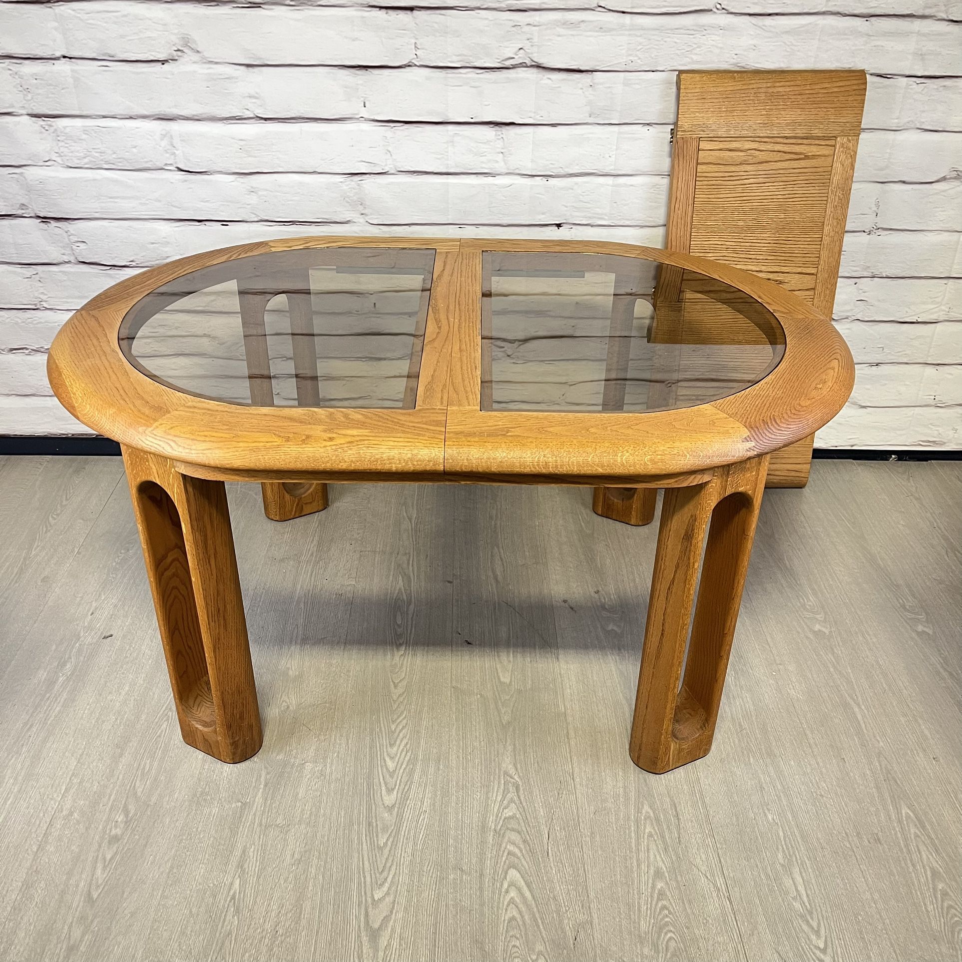 Vintage Post Modern Oak Oval Glass Top Dining Table With Leaf