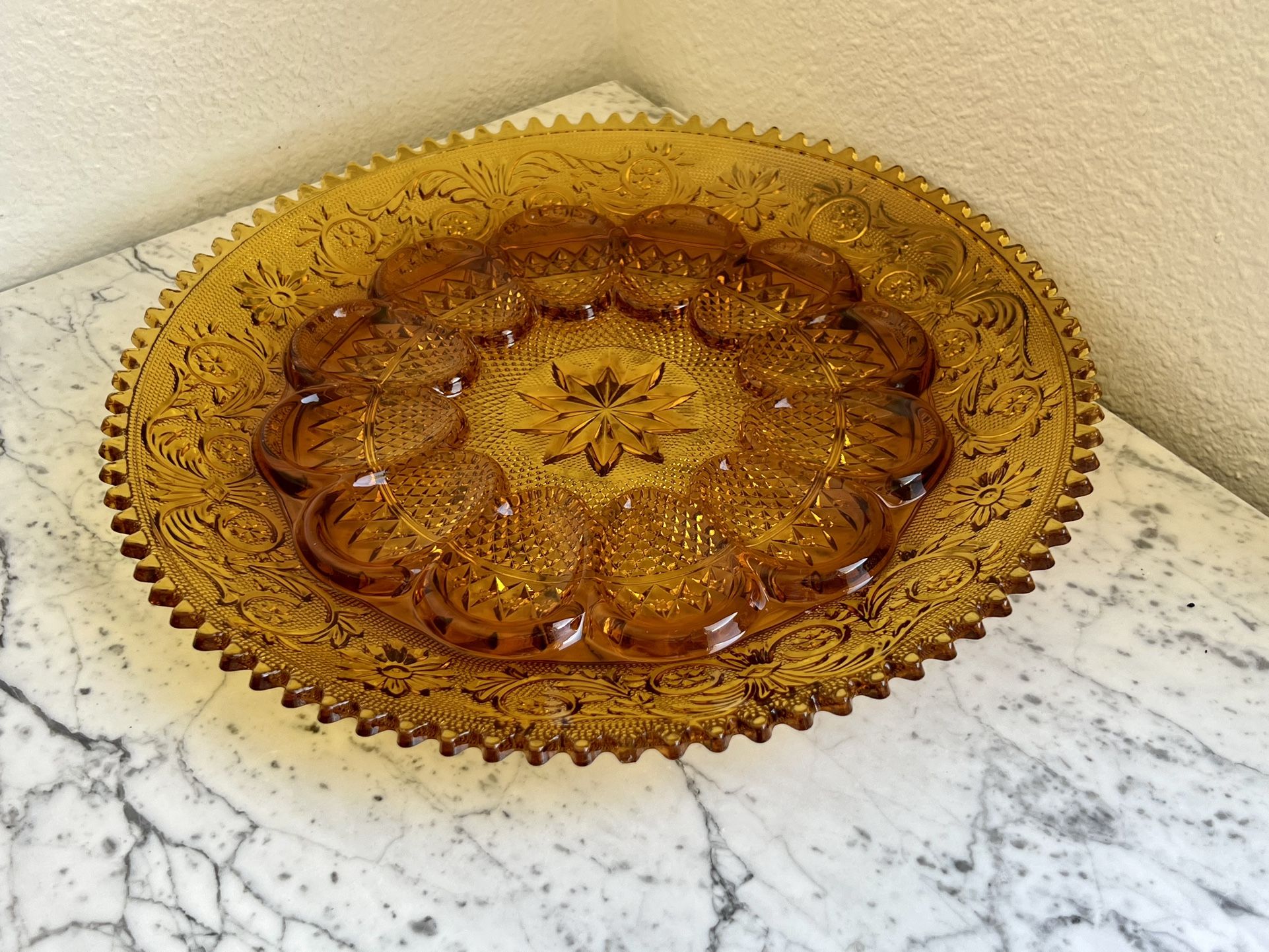 Vintage Large Indiana Glass Company Tiara Pattern Deviled Egg Platter in Amber Glass