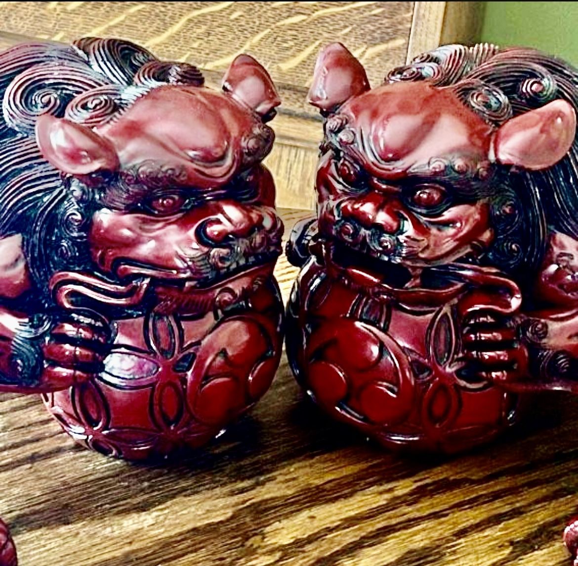 Vintage Red Cinnabar Resin Chinese Foo Dogs/Shishi Guardian Pair — 9" Length x 6" Tall