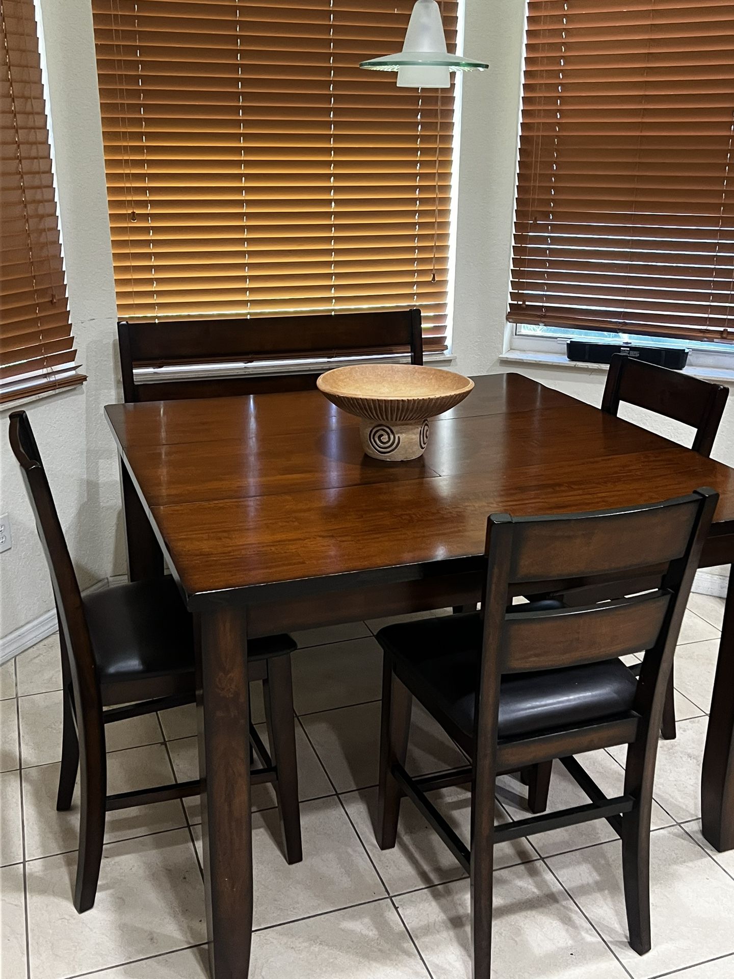 High Table with extension, 3 Stools, and Bench