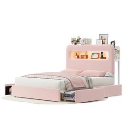 Upholstered Bed Frame With LED Lights And Charging Station 