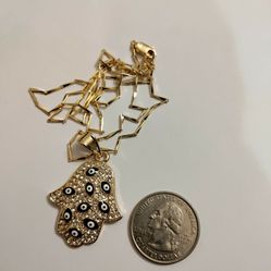 Gold Plated Hamsa Hand of Fatima with Evil Eye Pendant Necklace

