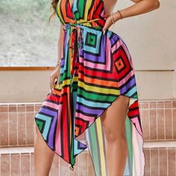 Plus Block Striped Crisscross Backless Knot Front Hanky Hem Cami Dress Size 1X