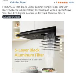 Never Used Box Unopened  36” Fire Gas Stove Vent Hood Black