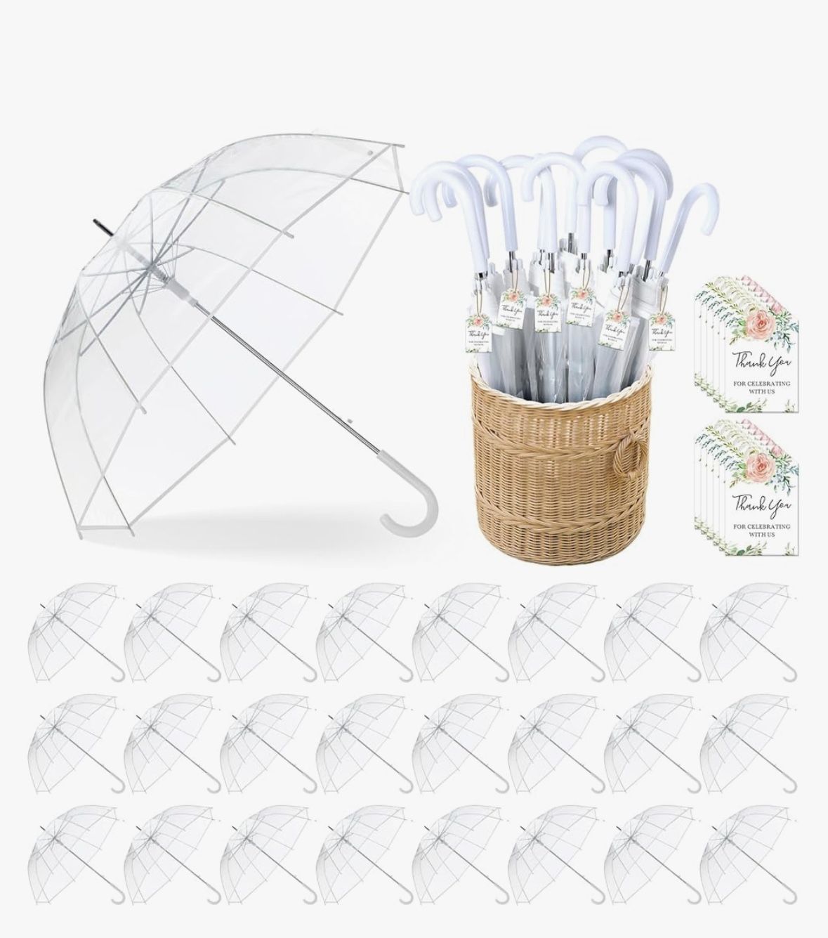 24 Pcs Clear Bubble Umbrellas Bulk 52 Inch Large Windproof Transparent Wedding Umbrellas with j Hook Handle for Wedding Bridal Parties Graduation Outd