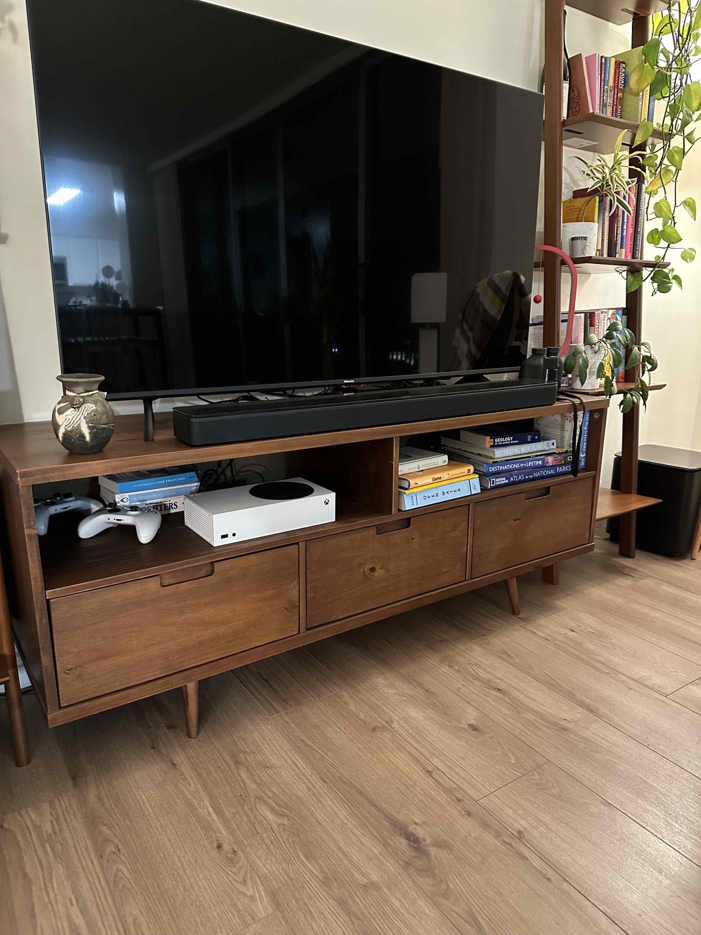 Solid pine wood Mid-Century Modern TV stand.