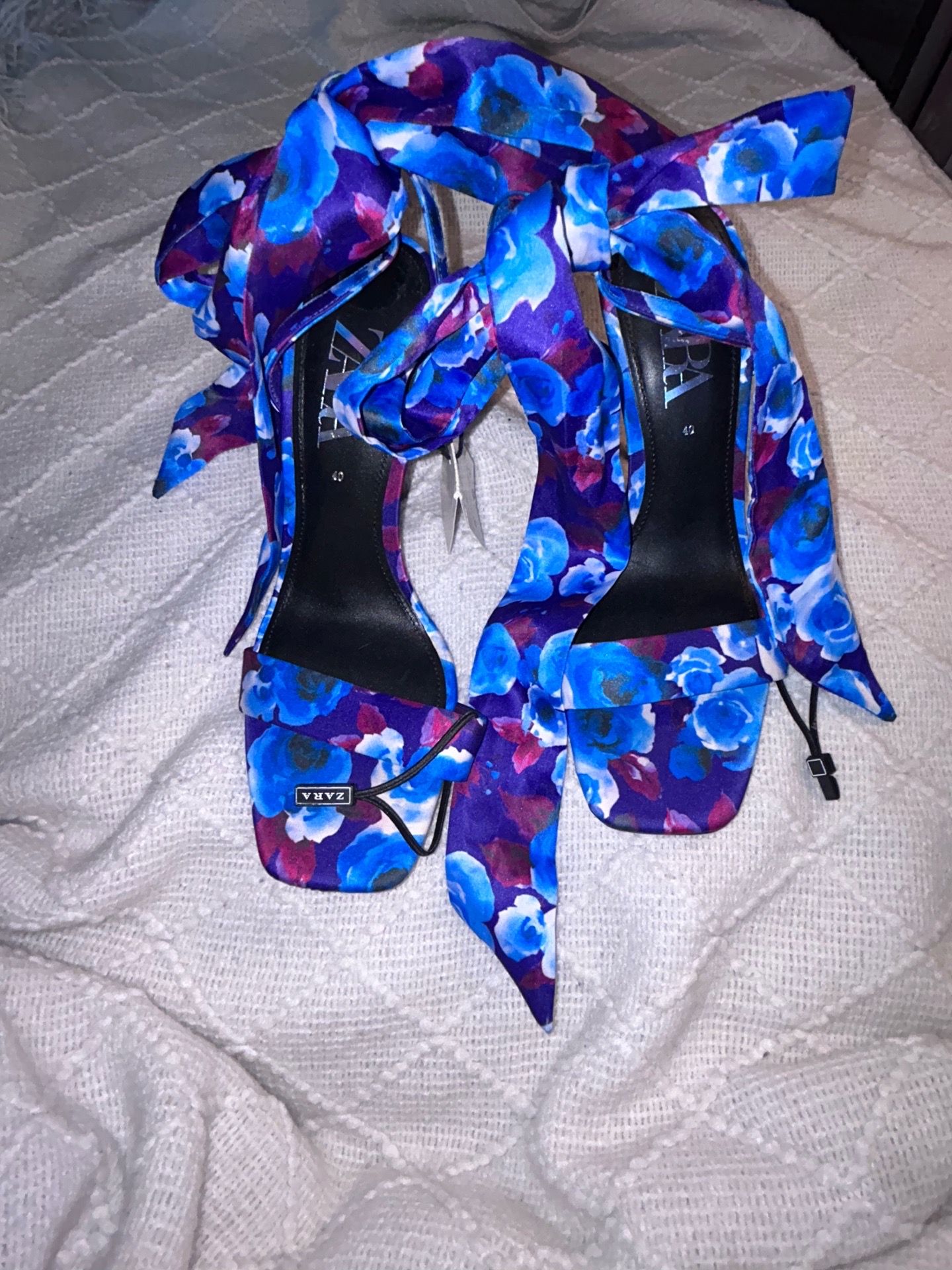 Zara Floral Print Satin Lace-Up Heels