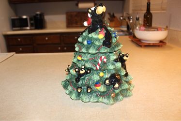 Vintage Bearfoots Tabletop Christmas Tree with Bear Ornaments 11" Cookie Jar