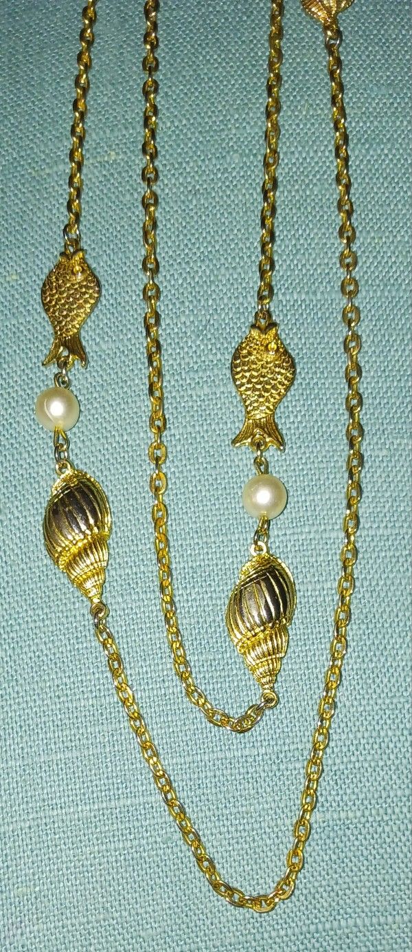 Vtg Gold Tone Nautical Necklace With Charms Beachy 30” Chain