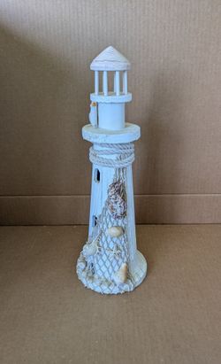 Lighthouse Beach Inspired Hand Carved Wood Accent White Shells Net Seagull Rope