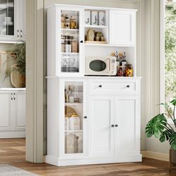 70.9" Tall Baker's Rack With Storage Shelves & Microwave Stand,Pantry Cabinet With Glass Doors, Open Shelving, And Sliding Door Design