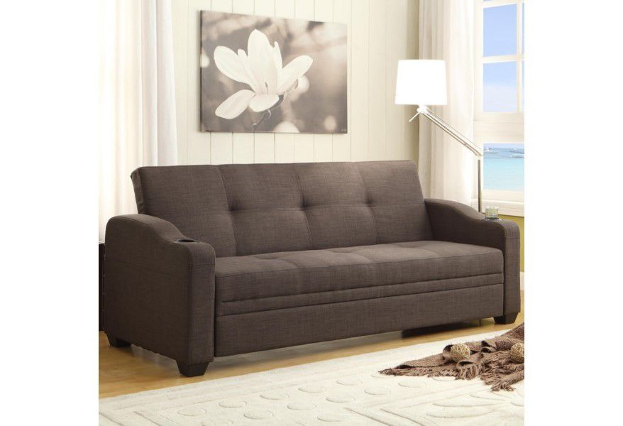 Brand new brown leather or grey linen sofa futon with cup holders