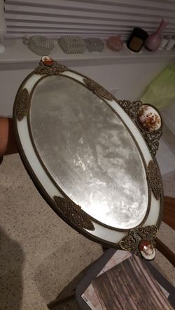 1900's antique cuivre mirror tray with lover painted