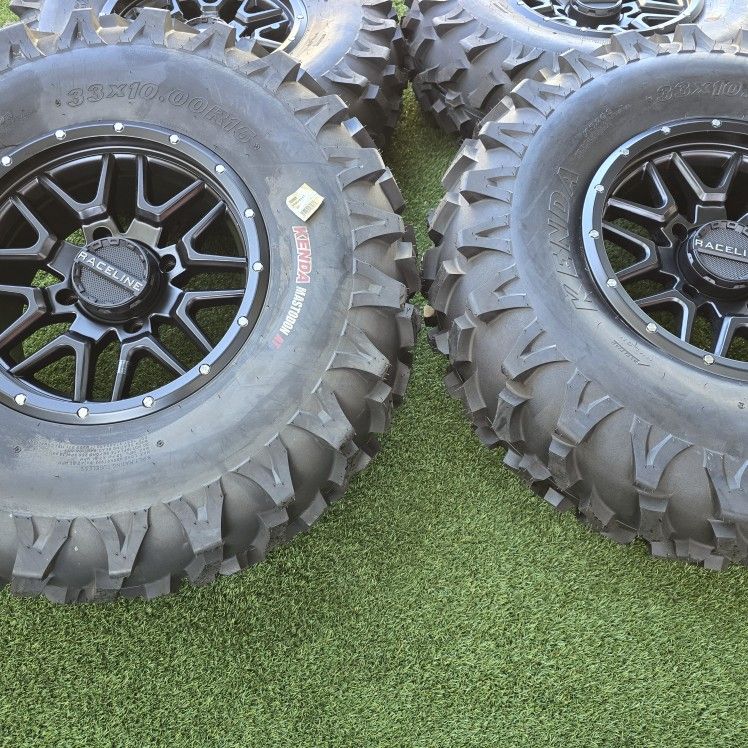 4 NEW RACELINE 15X7 RIMS&TIRES 33-10R15 CAN AM X3 LUG PATTERN 