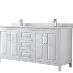 Wyndham Collection Daria 72 in. Double Bathroom Vanity in White with Marble Vanity Top in Carrara White with White Basin