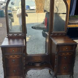 Rare Tri-fold Antique Vanity With Mirror/chair vintage desk with drawers bronze brown L49”*D18”*H34”