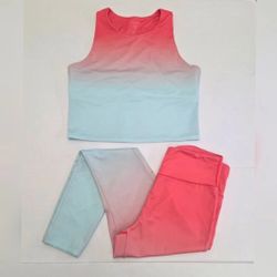 ​Venus 2 Piece Set Large Pink & Blue Ombre Built In Sports Bra Top & Leggings