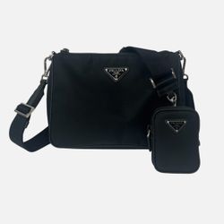 PRADA Black Re-Nylon Saffriano Leather Zip Crossbody Bag w/ Pouch Unisex