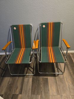 Zip Dee Vintage Retro Green Striped Airstream RV Folding Lawn Chairs 70s MCM lot of 2