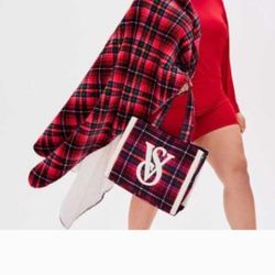 Victoria's Secret Women Red Christmas Plaid Faux Fur Tote Bag