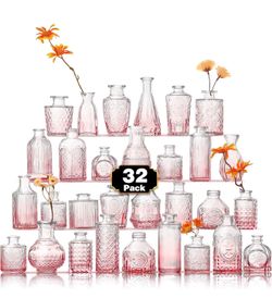 32 Pcs Vases Bulk Pink Flower Glass Bud Vases Valentine Vintage Pink Glass Bottles Colorful Rustic Embossed for Home Wedding Table Decorations Gifts(P