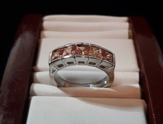 925 EP Channel Set Cocktail Ring, (5) Square Cut Morganite Topaz Gemstones. Size 8