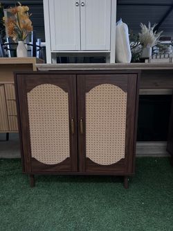Dark Walnut Cabinet with Rattan Door Panels