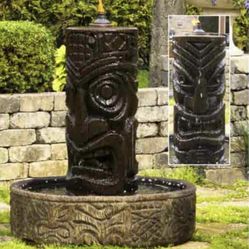 44" Tiki Column Fountain - Outdoor Concrete Garden Fountain Feature Statue 