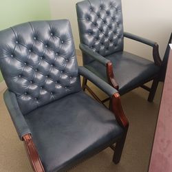 Vintage Tufted High Back Blue Leather Guest Chairs Solid - Lot Of 2 