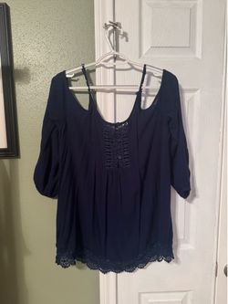 LA Hearts navy blue summery long sleeve off the shoulder blouse  Crocheted detail on front (with buttons) and bottom