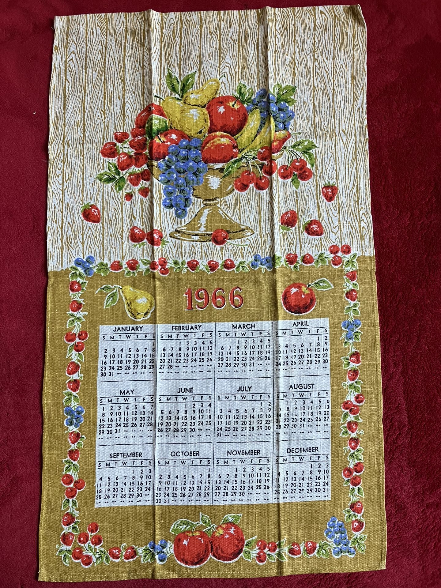 VINTAGE - NEW - PURE LINEN CALENDAR 1966 FRUIT KITCHEN TEA TOWEL - 16" W x 28" H‼️ See MORE Collection Here ‼️
