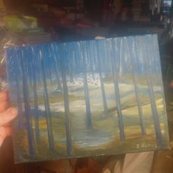 Oil Painting Signed J. Haynes Blue Trees 12x9" CanvasOil Painting Signed J. Haynes Blue Trees 12x9" Canvas