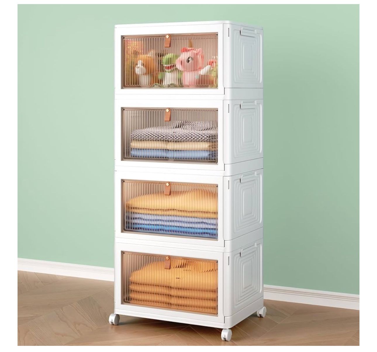 4 Tier Storage Bins with Lids, 23QT Stackable Closet Organizers and Storage with Wheels, Collapsible Storage Boxes, Foldable Plastic Storage Container