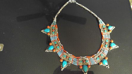 Turquoise & Red Coral Sterling Necklace