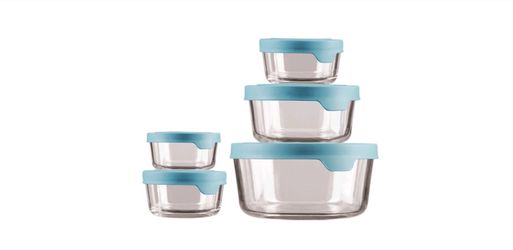 10 PC Set Anchor Hocking TrueSeal Round Glass Food Storage Containers with Airtight Lids, Mineral Blue