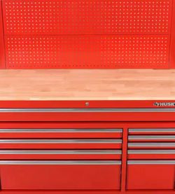 Husky 52 in. W 10-Drawer Gloss Red Mobile Workbench Cabinet with Solid Wood Top and Pegboard