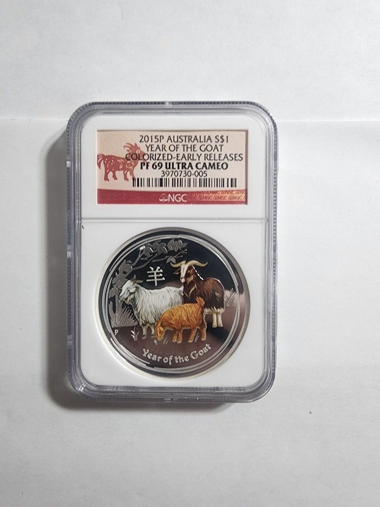 2015 P Australia Silver Dollar Colorized Year Of The Goat Coin NGC PF 69 UCam